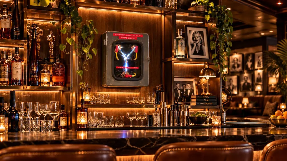 Animated concept visualization: blue pulses move through the flux capacitor mounted behind a Hollywood-style bar
